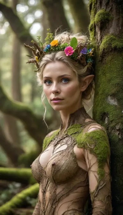 (mature dryad, entwife), (blonde hair full of colourful flowers), dried grass and branches growing on her head, blue eyes, elven pointy ears, (attractive athletic dryad), (((female anthropomorphic tree))), dark oak bark skin, curious and suspicious, protecting her beloved old oak tree, partly covered by moss, sunny summer meadow, stunning ancient goddess, lifelike, photo realism, insanely detailed, high resolution