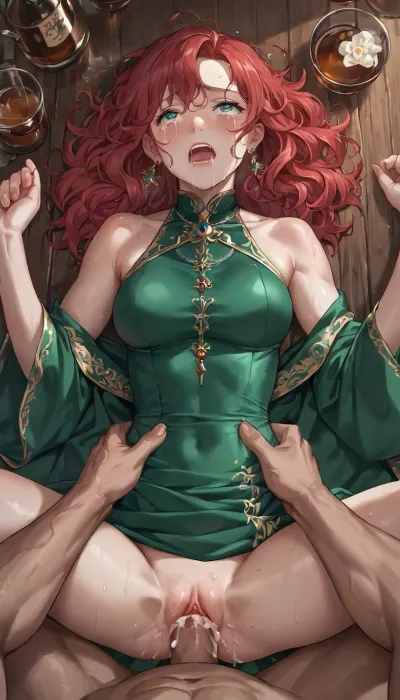 anime, 25 year old woman with long red hair, medium breasts, short green dress, lying on bar top, (missionary sex), in a bar, fucked by a muscular man, humiliated, tears