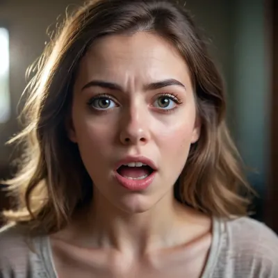 young woman with a frightened facial expression, open mouth