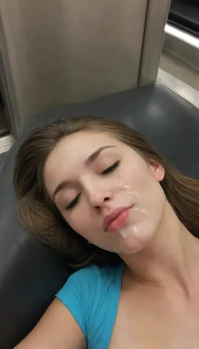pretty skinny Girl sleeping in subway, facial cumshot, cum on lips