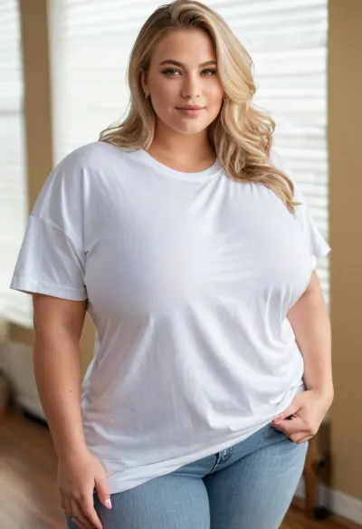 1 woman, white, American, hair, blonde, chubby face, pretty eyes, double chin, gorgeous face, broad jawline, fat shoulders, strong arms, (((gigantic breasts under shirt:1.3))), (Wearing a loose wide oversized T-shirt white:1.4), blue Jeans, high Black Boots, high resolution, woman, 50 yo, slight wrinkles in face, looking into camera, Detailed Face, 3/4 body, chubby body, high definition face, high cheekbones, green eyes, seductive smile, fat ass, strong thighs, wide hips, bob haircut, bbw, chubby, plus-size, fat hips, chest, big, huge, gigantic, hips, thighs, wide, thick, plump, belly, female, arms, extra, portraits, <lora:Venus_Body_Alpha:.3>