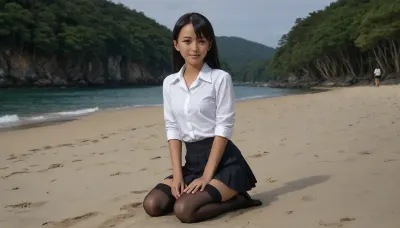 nagatoro misaki, 1 girl, Gorgeous 35-year-old girl, masterpiece, 8K, realistic, detailed body, correct female anatomy, completely naked, clothed, looking at viewer, mole, mole under eye, belly button, nipples, smiling, demonstrating, pussy visible from under skirt, solo, nagatoro, hayase, nagatoro_hayase, brown eyes, black hair, long, dark, dark-skinned, woman, tan, tan marks, hairpin, school uniform, white shirt, with collar, pleated skirt, black lace thigh-high stockings, sitting, standing, walking, talking to viewer, posing, street, beach, sea, summer, tropics, forest edge, river, city street, modern anime city of Japan, winter, snow, New Year's atmosphere, <lora:nagatoro hayase-000015:2>, <lora:nagatoro_hayase_sdxl_ver1:.1>