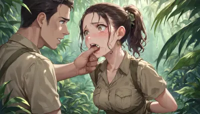 anime, single college woman with brown hair in a ponytail and wearing a khaki safari outfit, slim build, medium breasts, hands behind back, (man’s fingers in her mouth, gagging), in the jungle, scared, tears