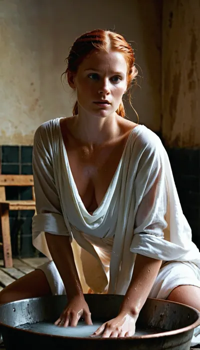 A maiden in a plain tunic with a medium bosom. Her hair is covered in white cloth but a few strands of copper hair fall around her face. She has some grime on her face and hands from working hard. She gazes up from the laundry washboard toward the viewer and blushes. Her legs are exposed under her tunic, and her bare feet splash in the water.