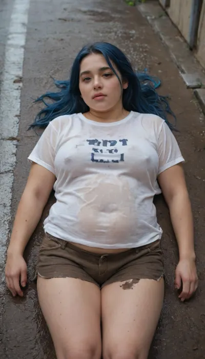 Young chubby woman, blue hair, fat, loose clothing, T-shirt, short shorts, pale skin, street, large bust, she is lying in deep mud. It is raining.
