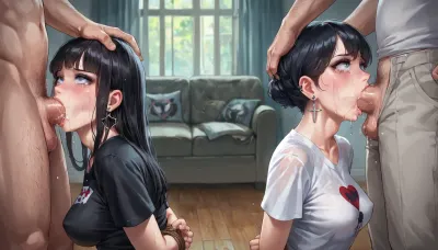 best quality, clean art, (2girls, 2men), goth college students with black hair, medium breasts, t-shirt and miniskirts, hands bound behind back, (back to back, face fuck, deep throat), living room, fucked by old men, humiliated, tears