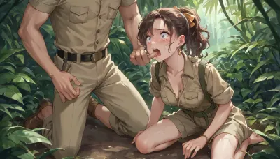 anime, single college woman with brown hair in a ponytail and wearing a khaki safari outfit, slim build, medium breasts, kneeling, (man’s fingers in her mouth), in the jungle, scared, tears