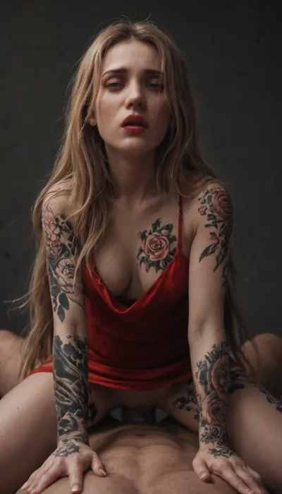 female, shaved pussy, red lips, medium breasts, blond hair, (sex:1.9), (long hair:1.9), wearing red dress, (full tattooed body:1.9), agony, anguish, anxiety, depression, despair, grief, pain, sadness, stress, suffering, <lora:Lamentations-000016:1.6>
