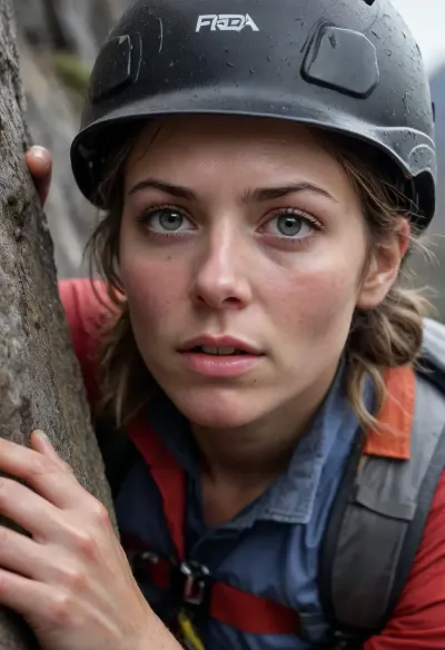 A highly detailed, photorealistic close-up of a 25-year-old female climber, her face intensely focused and rendered with maximum detail, her eyes reflecting determination, the climber wears a helmet and is secured with ropes, her clothing soaked through after hours of heavy rain, clinging to her body and highlighting every contour, a wet backpack is visible, adding to the sense of her struggle, her hands and fingers are sharply defined, showing the strain of her climb, the rocky surface is slick and rain-soaked, every detail of the wet, textured rock is visible, in the background, towering alpine peaks and deep valleys hint at an altitude of 6, 000 to 7, 000 meters, the entire scene is in monochrome, emphasizing the dramatic contrast between light and shadow, capturing the climber’s intense effort and the challenging conditions