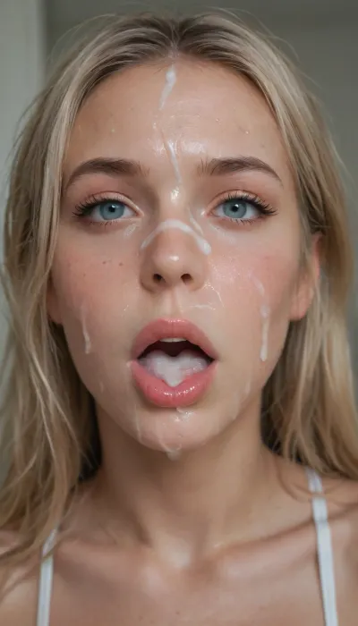 closeup picture focus on face and her open mouth, 18+ years old girl, open mouth, tongue out, (cum on face), projectile cum, cum in hair, cum in face, fontain of cum, <lora:JustCum:1.3>