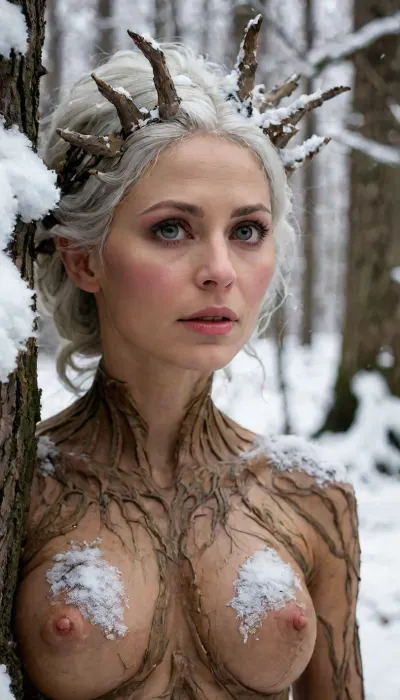 (mature dryad, entwife), (snow white hair), tiny frostbitten branches growing on her head, white eyes, elven pointy ears, (attractive athletic dryad), ((female anthropomorphic tree)), oak bark skin, curious and suspicious, protecting her beloved old oak tree, partly covered by snow, winter forest, stunning ancient goddess, lifelike, photo realism, insanely detailed, high resolution