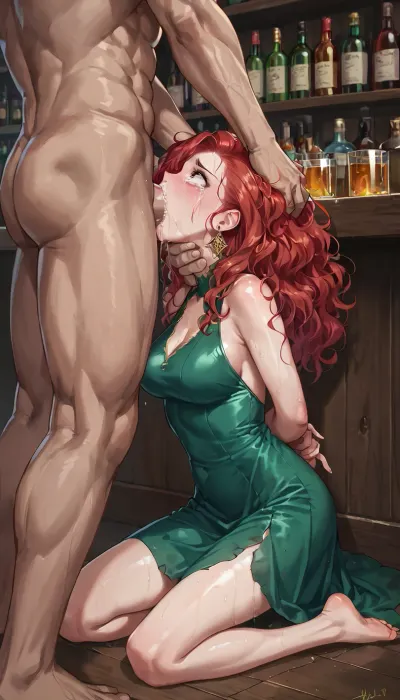 anime, 25 year old woman with long red hair, medium breasts, short green dress, kneeling, hands behind back, (face fuck, deep throat), in a bar, fucked by a muscular man, scared, tears