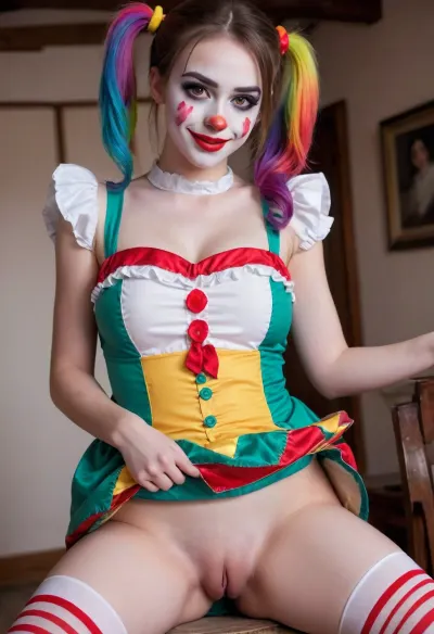 young beautiful girl 18 years old clown girl with big breasts, wearing a pulled-up dress without any underwear, laying on her back with spread legs, no panties, long striped socks, clown makeup, skinny, white face paint, detailed vagina, looking at the viewer, back long high twin multi-colored ponytails, excited, aroused, tack sharp, 4k, dslr
