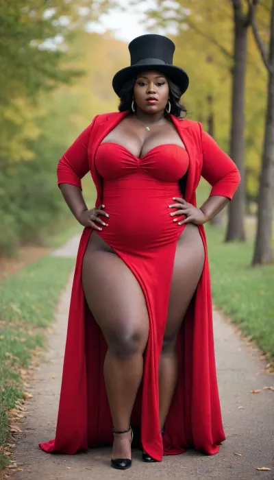 dark skin african plump bbw type woman, huge east west type breasts, thick thighs, thick hips, big bottom, wearing a long red gown, wearing a black tall top hat, full body image