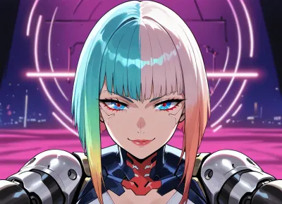 SK_Anime, score_9, score_8_up, score_7_up, (cyberpunk esthetic, cyberpunk woman, cyberpunk hair, cyberpunk clothing:1.4), (metallic chrome skin, robotic joints:1.2), (dangerous woman, psychotic expression), (slender body, lean body), depth of field, bokeh, layered composition, split lighting, cinematic lighting, (high saturation 90s color palette, vaporwave sunset color scheme, style of 90s saturday morning cartoon:1.2)