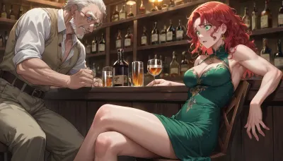 anime, 25 year old woman with long red hair, medium breasts, short green dress, sitting at a bar, muscular man looming over her, scared