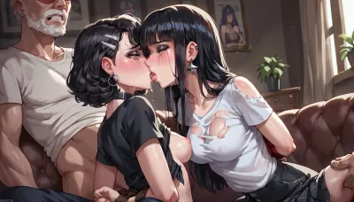 best quality, clean art, (2girls, 2men), goth college students with black hair, medium breasts, ripped t-shirt and miniskirts, hands bound behind back, (fucked by old men, forced to kiss, lesbian kissing), living room, crying, tears