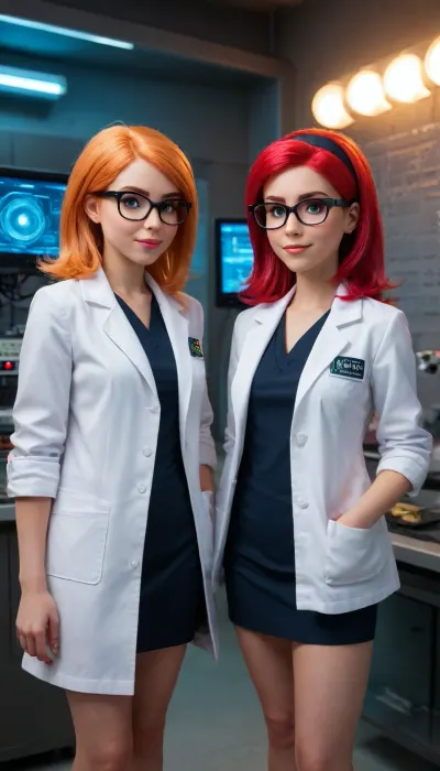 Ziprealism, masterpice realistic Ilustración digital de Susan y Mary Test de 'Johnny Test' en su laboratorio subterráneo de alta tecnología. Susan tiene su cabello rojo con un gancho en forma de estrella y Mary tiene su cabello rojo con un gancho de luna creciente. Ambas visten sus icónicas batas blancas de laboratorio y lentes. El fondo está lleno de pantallas holográficas, tubos de ensayo con líquidos neón burbujeantes y su último invento emitiendo rayos eléctricos. Estilo artístico vibrante y moderno de 2026, con iluminación cinematográfica y detalles tecnológicos avanzados.""Susan and Mary Test from 'Johnny Test' working in their secret high-tech laboratory. Susan sexy sensualistic lace booty Big, wears her signature star clip in her red hair and Mary wears her crescent moon clip. They are both wearing their crisp white lab coats and glasses. Two sisters red hairy.The lab is filled with floating holographic displays, test tubes with bubbling neon fluids, and an interdimensional portal in the background. Modern 2026 2D animation style, sharp lines, bright, saturated colors, lighting cinematic with reflections of colored lasers, comic science fiction atmosphere." Cubby cuties