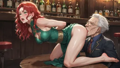 anime, 25 year old woman with long red hair, medium breasts, short green dress, kneeling, hands behind back, (cunnilingus), in a bar, fucked by a muscular man, humiliated, tears