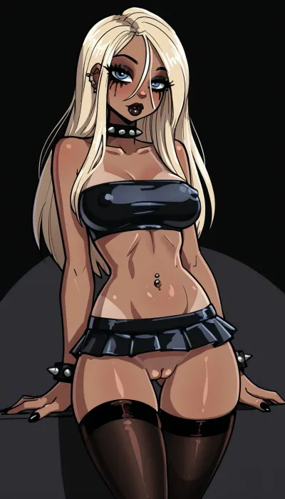 reiq meets innv and Jack cayless art style, perfect anatomical accuracy, dream girl, sexy hottie, sexiest eyes, perfecteyes, full big lips, glamorous goth makeup, black lipstick, spiked choker, spiked bracelets, (petite adult natural body), narrow shoulders, wide hips, shapely thighs, thigh gap, (shapely thick thighs:1.2), (incredible legs:1.2), toned ass, small tight ass, perfect round ass, very small erect nipples, perky, real magnificent natural perfectly shaped breasts, smooth tidy godpussy, (tanned:1.2), blonde, long hair, (black micro skirt and stockings:1.4), navel piercing, gazes at viewer as if she was considering fucking him here and now, in Doggystyle Position, looking back at viewer, Show pussy, ratatatat74, <lora:LCMTurboMix_Euler_A_fix:1.4>, <lora:EnvyBeautyXL02:1>, <lora:mk_Bp Anime_xl:1>, <lora:EnvyAnimeDigitalPaintingXL01:1>, <lora:ratatatat74-000050:1.9>