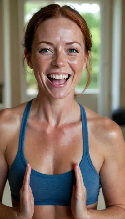 44 year old adorable cute fit yoga instructor, freckles, dimples, open mouth smile, laughing