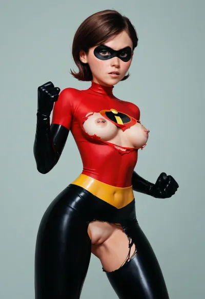 Helen Parr, in fighting stance, one foot forward and hitting with one arm, angry face, the incredibles costume, costume ripped, medium breast, small hole near pussy, pussy lips out, pink soft nipples, eye mask, straight barr nipple piercing, tanlines