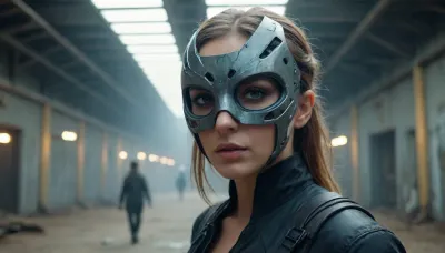 a single woman with a futuristic mask, inside a big hall, apocalyptic outdoor, <lora:Dhevv-UpperbodyHead:.8>