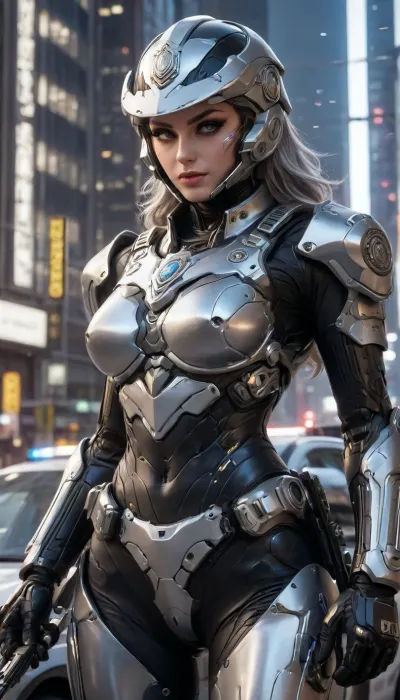 (futuristic, in town, night, neon lights), (((close-up))), sexy police woman, chrome color, silver armor, helmet with visor, (silver makeup:1.2), (((silver vehicle of police))), Cyberpunk, Architecture, monumental, architecture, city, cityscape, scenery, building, skyscraper, future, scifi, cyberpunk, skyline, science, fiction, vehicle, ground, hovering, military, police, <lora:Cyberpunk_Architecture_(Architecture)_(SDXL)_(AD):2>, <lora:Mecha_Ggorgeous_Armor-000011:2>, <lora:scifi-vehicles-000011:2>