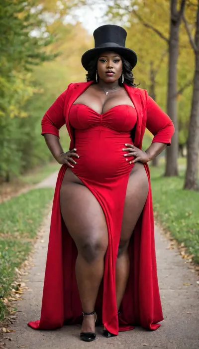 dark skin african plump bbw type woman, huge east west type breasts, thick thighs, thick hips, big bottom, wearing a long red gown, wearing a black tall top hat, full body image