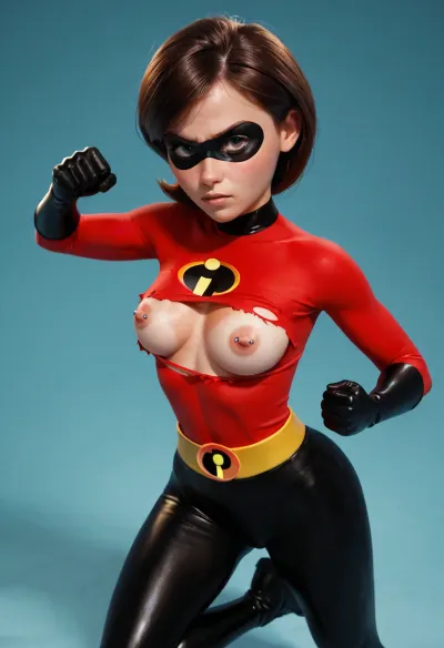 Helen Parr, in fighting stance, one foot forward and hitting with one arm, angry face, the incredibles costume, costume ripped, medium breast, pink soft nipples, nipples poitning upwords, eye mask, straight barr nipple piercing, tanlines