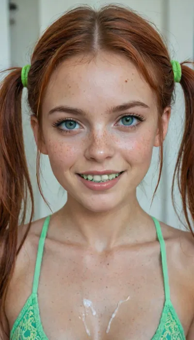 Beautiful girl 25-year-old, thin, redhead, pigtails, young, petite, just her face, beautiful smile with braces, face and mouth all covered in cum., ((green braces on her teeth)), .
