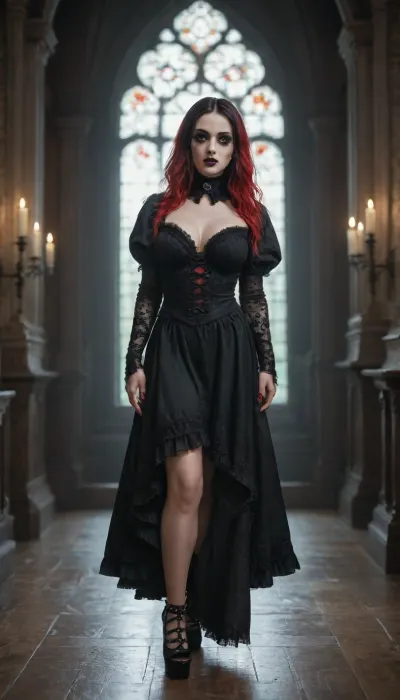 4K, UHD, masterpiece, best quality, Busty Goth Girl, detailed, beautiful, pale ash white skin, ((perfect goth makeup)), ((red hair, black hair)), goth Lolita-like outfit, gothic mansion, atmospheric lighting, full body view