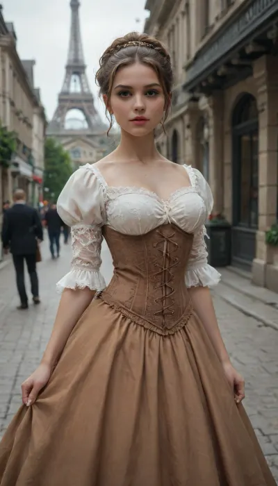 Surreal, Natural beauty, French girl, hazel brown corset, Victorian style french dress, paris, effile tower, french wavy hairstyle, Stable-Yogis-Makeup-Enhancer-XL, 4ng3l, face, <lora:SDXL_BetterFaces-LoRA_v1:2>