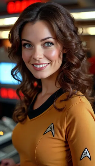 ((from Star Trek)), (masterpiece), (realistic), portrait of a gorgeous busty brunette woman, wavy hair, smiling, indoors, thin smooth orange shirt, (pokies), eye contact, close up, (Star Trek emblem:1.5), startrektos, shipyar0, <lora:TOSXL-000040:1>, <lora:MJ52:2>, <lora:BUT_SDXL_SHS:.5>, <lora:add-detail-xl:2>