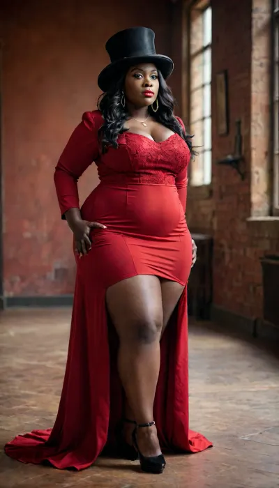 dark skin african plump bbw type woman, thick thighs, thick hips, big bottom, wearing a long red gown, wearing a black tall top hat, full body image