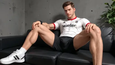 4 male athletic soccer players are sat on a sofa in their sports kit, their muscular legs are manspreading and you can see the outline of their hard cocks through their shorts. They're all looking at the camera with a dominant expression, ready to fuck you. Alpha, horny, gay, homoerotic, domination, sportswear, sleazy, interracial.