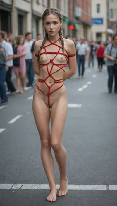 (The cunt is perfectly visible), . beautiful sexy slender 21 year old red head woman with an, (hourglass figure), posing fully naked, ((((In Shibari Harness)))), In the collar, no makeup, Green eyes, ((Two braids)), ((((3/4 view)))), bare legs, walking barefoot on the evening road among the many passers-by, (((full length))), (flat chest:1.8), ((tiny tits)), good hands, perfect fingers, barefoot, ((vagina)), (clitoris), clearly visible naked cunt, (shaved pussy), cheerful face, mischievous look, Busy traffic and, (crowd of people), in the background, open cunt, the detailed cunt, .