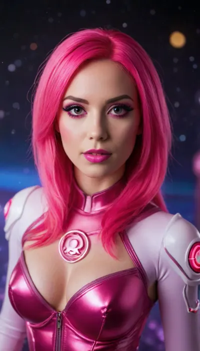 (alone in space, space background), (((close-up))), sexy girl, ((lantern corps from DC's Comics)), chrome color, (sexy pink lantern outfit, pink hair, pink eyes), (pink makeup:1.5), (((bright pink ring))), lantern's logo on chest