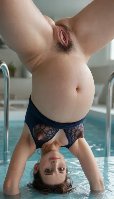 A slutty fit thin 35 year old very pregnant woman with droopy eyes and small breasts wearing a dark blue one piece swimsuit in waist deep water in a swimming pool, (milf:1.22), (big pregnant belly:1.3), (hairy vagina:1.3), (nice ass), (anus), (as up:1.3), (upside down:1.3), (loose vagina:1.3)