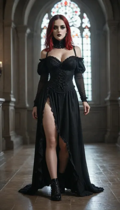 4K, UHD, masterpiece, best quality, Busty Goth Girl, detailed, beautiful, pale ash white skin, ((perfect goth makeup)), ((red hair, black hair)), goth Lolita-like outfit, gothic mansion, dark atmospheric lighting, full body view