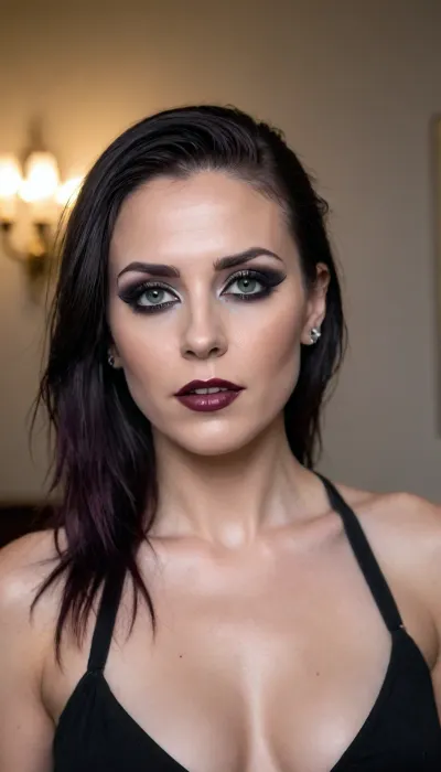 44 year old girl, long hair, side shave undercut, nude, eyeshadow, goth makeup, bleeding mascara