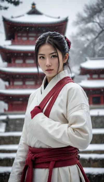 White shinobi, Japanese female, in front of a temple, winter, snowfall, 3/4 view, ready to fight