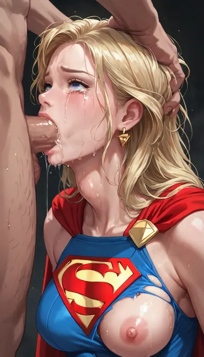 anime, best quality, Supergirl, her custome ripped open, one breast exposed, (face fuck, deep throat), humiliated, tears