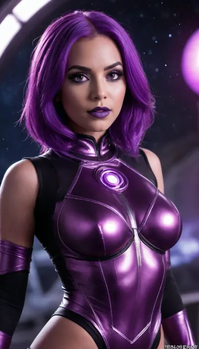(alone in space, space background), (((close-up))), sexy girl, ((lantern corps from DC's Comics)), chrome color, (sexy purple lantern outfit, purple hair, purple eyes), (purple makeup:1.5), (((bright purple ring))), lantern's logo on chest