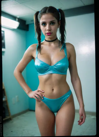 (nighttime), (no ambient light), (overexposed flash highlights on subject), (cool white balance:1.3), (gray-tinted shadows from digital camera sensor), (fluorescent lighting tint), (artificial lighting with cyan hue), (realistic dark environment with high flash contrast), (cool indoor lighting), (direct flash photography), (overexposed flash), ((((extremely cool cyan lighting)))), (((Icy cool lighting))), (strong shadows), (sharp shadows), (lights off), (background remains visible due to flash, but lacks blur or depth separation), (sharp background), (background in focus), (no background blur), (clear background details), (wet surfaces reflecting small highlights), (Military zone), (realistic environment), (scene "Myspace"), (2000s), (90s digital aesthetic), (Scene-Queen), (Myspace), (picture), (bad quality), (90s style), (80s), (1990s), (analogic), (analogic style), (low quality photo), (old camera), (flash photo), (old digital camera), (cellphone photography), (Polaroid flash camera), (raw), (jpeg artifacts), (film grain), (light leak), (low res), (low quality), (unfiltered), (low contrast), (low contrast:2), (noise in all darker areas), (noise in dark areas), (shiny reflections on surfaces), (gritty), (optional), polaroid, longnightout, ((big breast)), (score_7_up, score_8_up, score_9), ((((washed-out image)))), big eyes, Oiled up goth Latina, goth makeup, (slim build), tight abs, extremely slim hips, very small ass, skinny legs, high heels, pigtails, full body in frame, pink lipstick, shiny, glistening, oily