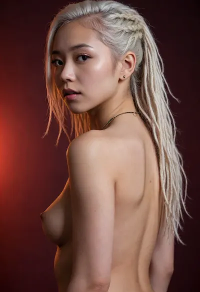 dramatic side dark lights young asian girl 18 years old white hair dreadlocks nipples pierced photoshoot dark red background, nude small boobs seductive view, showing asshole from behind, depth of field, lingerie, beautiful curves