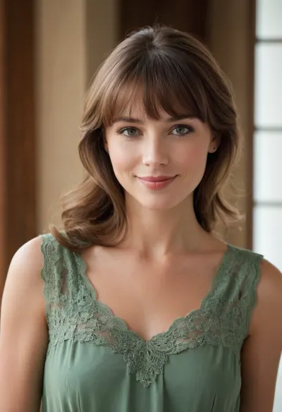 Create a realistic style photograph of this woman as a beautiful court lady in an elegant but simple solid colored tunic accented with lace smiles at the viewer with shy and sweet eyes. Make her look like she’s in her 30s, with a mature appearance but a youthful energy and beauty. She has long beautiful chestnut hair that cascades down her shoulders, and bangs that dance across her forehead.