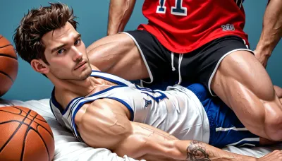 3 male athletic basketball players are sat on the edge of a bed in their sports kit, their muscular legs are manspreading and you can see the outline of their hard cocks through their shorts. They're all looking at the camera with a dominant expression, ready to fuck you.
