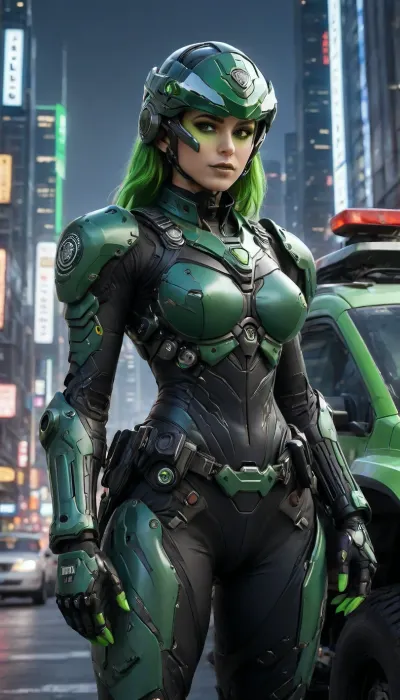 (futuristic, in town, night, neon lights), (((close-up))), sexy police woman, chrome color, green armor, helmet with visor, (green makeup:1.2), (((green vehicle of police))), Cyberpunk, Architecture, monumental, architecture, city, cityscape, scenery, building, skyscraper, future, scifi, cyberpunk, skyline, science, fiction, vehicle, ground, hovering, military, police, <lora:Cyberpunk_Architecture_(Architecture)_(SDXL)_(AD):2>, <lora:Mecha_Ggorgeous_Armor-000011:2>, <lora:scifi-vehicles-000011:2>