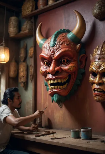 Hyperrealism
Impressionist painting {Indonesian artist carves a Barong demon mask using a pangot, hanging on the wall of the workshop with various masks around it, work process}. Free style of painting, bright colors, play of light and shadow, conveying feelings through form.